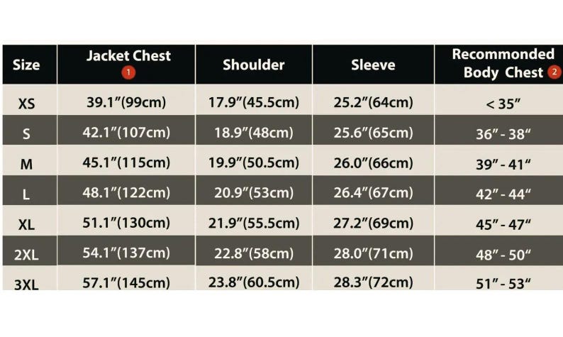 May include: A size chart for jackets, with measurements in inches and centimeters. The chart includes sizes XS to 3XL, detailing jacket chest, shoulder, and sleeve dimensions, along with recommended body chest sizes.