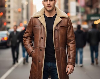 Cappotto da uomo in pelle di montone marrone anticata / Trench in pelle di pecora vintage fatto a mano / Regalo per lui