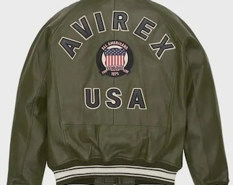 Chaqueta bomber de cuero verde oliva estilo Avirex para hombre / Chaqueta de aviador americana vintage / Regalo para él