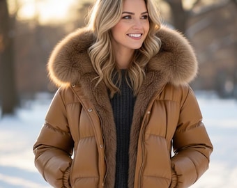 Women’s Lambskin Leather Puffer Jacket | Real Fox Fur Hooded Coat | Luxury Winter Jacket