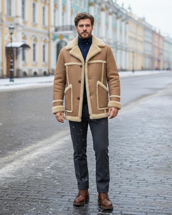Men’s Sand Suede Shearling Coat | Handmade Sheepskin Winter Jacket | Fur Lined Classic Leather Coat