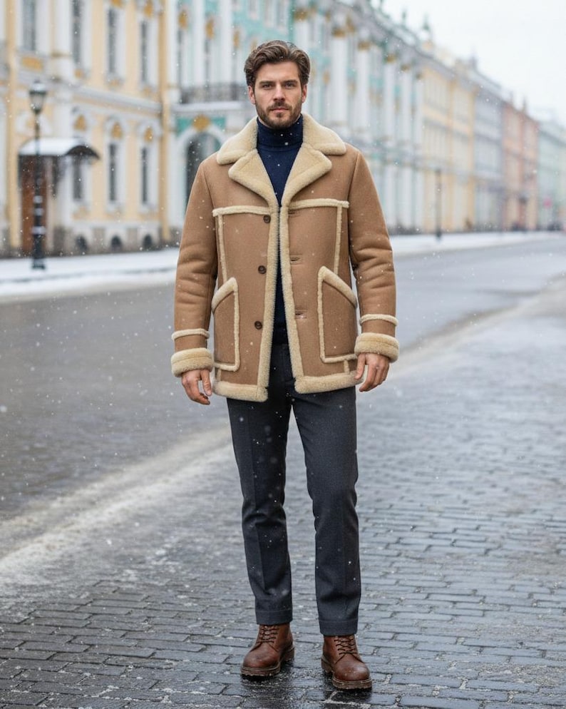 May include: A tan shearling coat with cream-colored lining and trim. The coat has a button-up front, two front pockets, and a wide collar. The person is wearing a navy blue turtleneck, gray pants, and brown leather boots. The background is a snowy street.