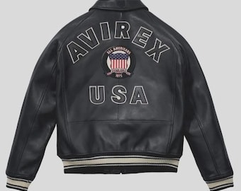 Men's Avirex Style Black Leather Bomber Jacket | American Flight Aviator