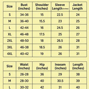 May include: A size chart for an MCM tracksuit with black text on a light yellow background. The chart includes two tables detailing measurements in inches for sizes S through 4XL, covering bust, shoulder, sleeve, jacket length, waist, hip, and inseam.