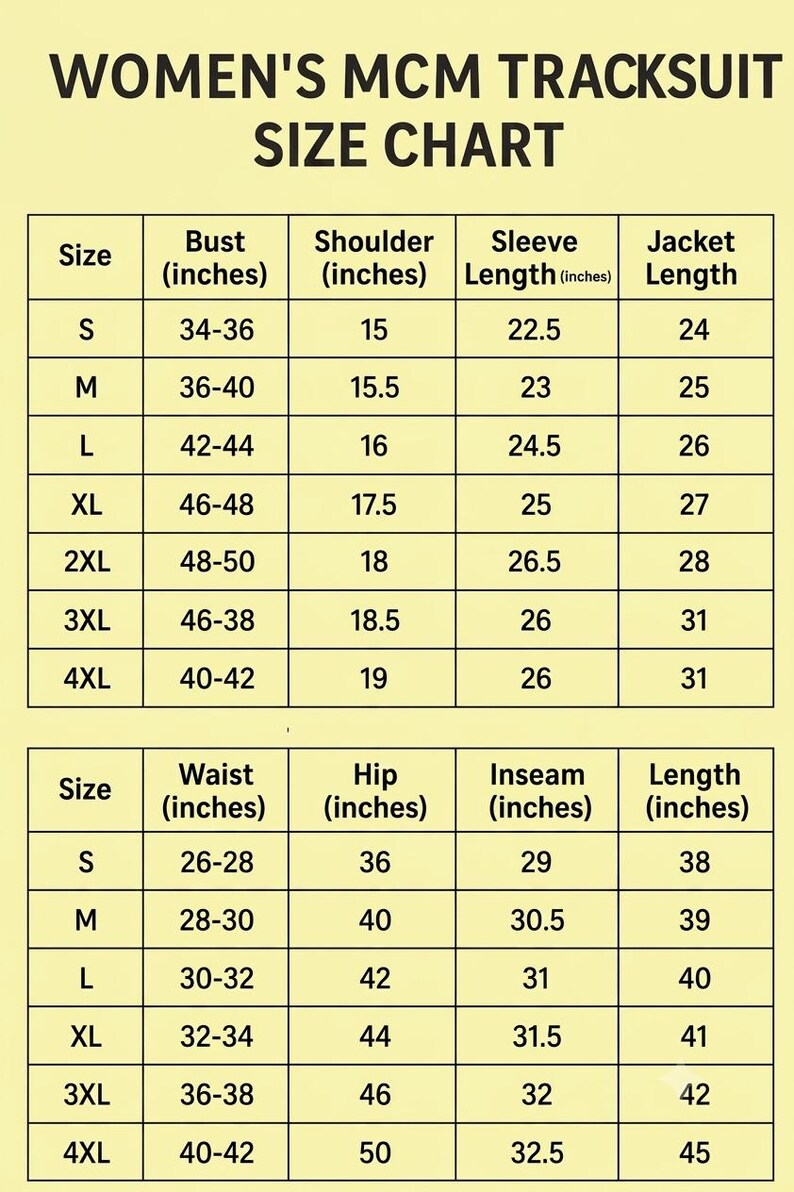 May include: A size chart for an MCM tracksuit with black text on a light yellow background. The chart includes two tables detailing measurements in inches for sizes S through 4XL, covering bust, shoulder, sleeve, jacket length, waist, hip, and inseam.