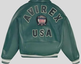 Vintage Avirex USA Green Leather Varsity Jacket | Bomber American Flight Jacket | Gift For Him
