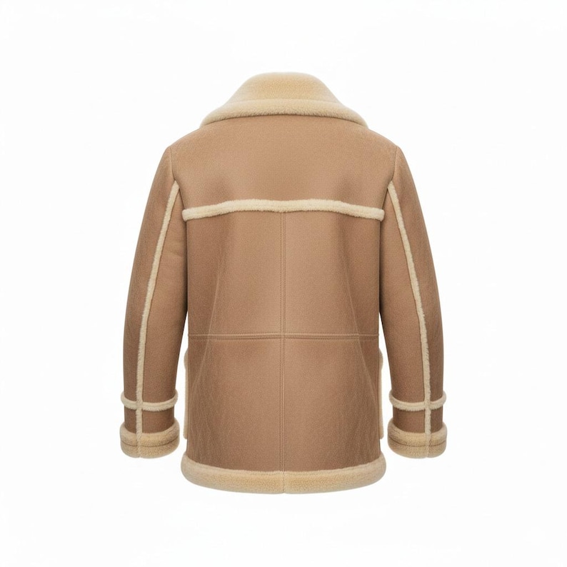 May include: A tan shearling coat with a cream-colored shearling collar and trim. The coat features a classic design with a double-breasted closure and a warm, inviting aesthetic. The back view showcases the coat's tailored fit and quality construction.