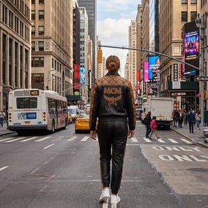 May include: A black leather jacket with brown patterned sleeves and the MCM logo in orange on the back, paired with matching black leather joggers featuring a side stripe and white sneakers, worn in a busy city street setting.