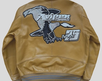 Men Tan Leather Bomber Jacket | Luxury Varsity Style Streetwear | Gift For Him