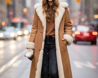Women’s Tan Suede Shearling Coat | Long Fur Lined Winter Trench | Handmade Sheepskin Leather Overcoat