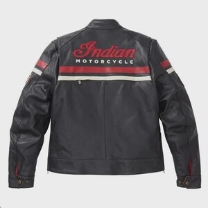 May include: Black leather motorcycle jacket with red and white stripes across the back. The jacket features the words "Indian MOTORCYCLE" in red script across the upper back. The jacket has a zipper closure and button cuffs.
