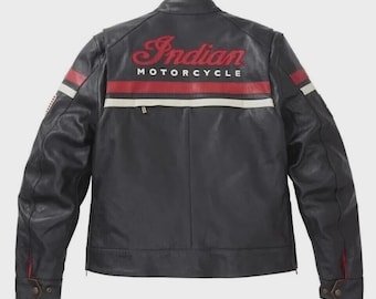 Indian Motorcycle Leather Jacket | Black & Red Cowhide, Vintage Style