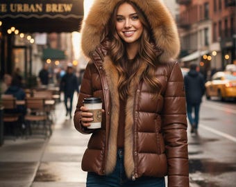 Women Leather Puffer Jacket with Real Fox Fur Hood | Luxury Lambskin Winter Coat