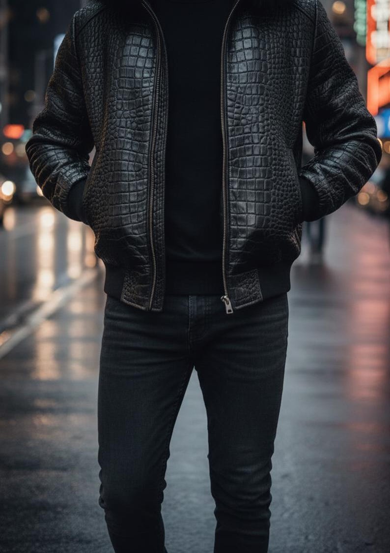 May include: A black leather bomber jacket with a crocodile skin texture, paired with a black crew neck shirt and dark wash jeans. The jacket has a zipper closure and ribbed cuffs. The person is standing on a wet street.