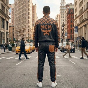 May include: A black and brown leather jacket and matching leather joggers featuring the MCM logo pattern. The jacket has a large MCM logo on the back, and the pants include a brown patterned pocket on the back. The set is worn with white sneakers.