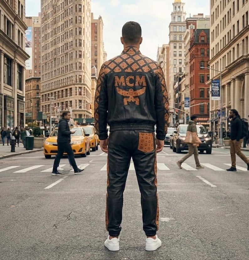 May include: A black and brown leather jacket and matching leather joggers featuring the MCM logo pattern. The jacket has a large MCM logo on the back, and the pants include a brown patterned pocket on the back. The set is worn with white sneakers.
