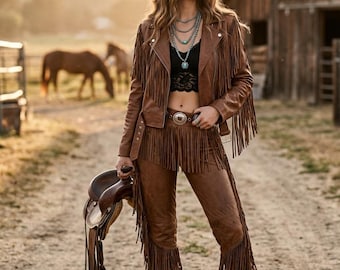 Brown Leather Fringe Jacket and Pants Set | Western Cowgirl Ranch Wear Co-ord