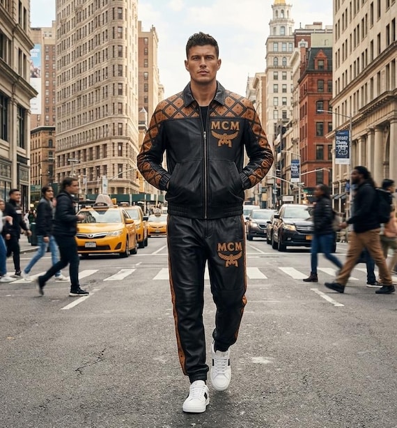 MCM Biker Tracksuit | Luxury Leather Jacket, Pant & Hat Set | Men's Designer Streetwear Co-Ord