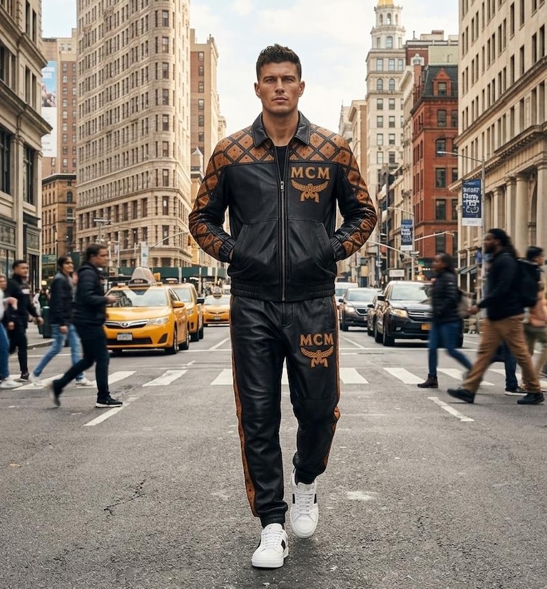 May include: A black leather jacket and matching black leather joggers featuring brown patterned panels with the MCM logo. The jacket has a collar and front zipper, while the pants have an elasticized waistband and cuffs. White sneakers complete the look.