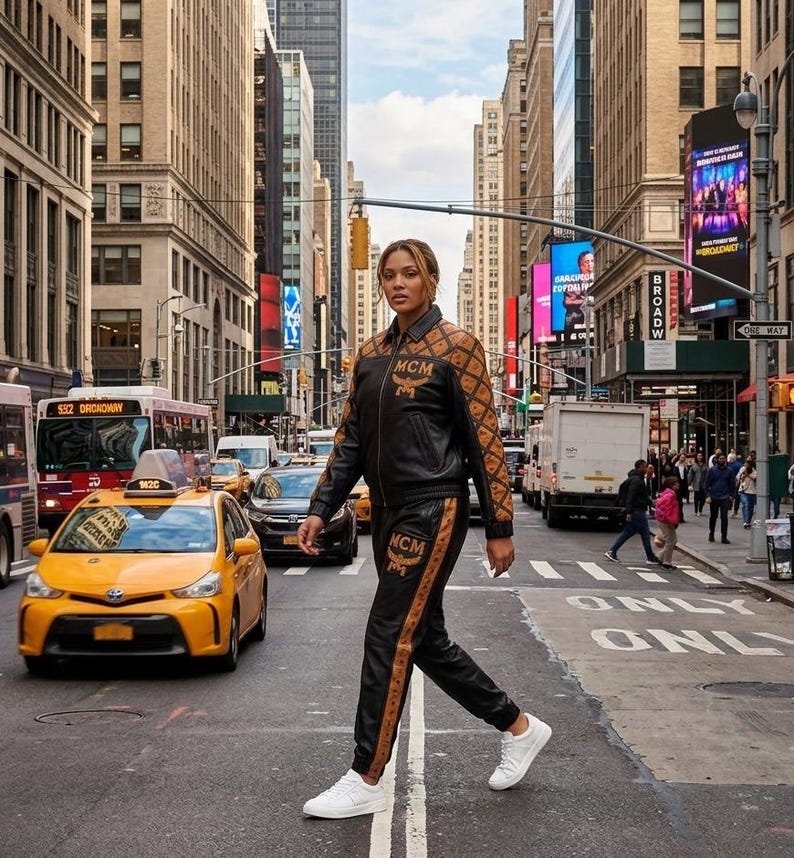 May include: A black and brown patterned jacket and matching track pants set featuring the MCM logo. The jacket has a zip-up front and long sleeves, while the pants feature a side stripe detail. The outfit is paired with clean white sneakers.