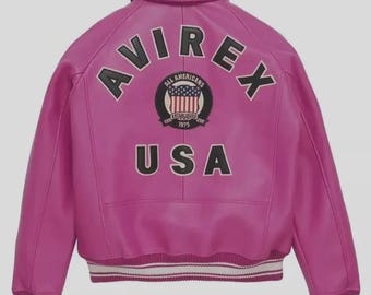 Avirex Style Pink Leather Bomber Jacket | Soft Unisex Cowhide Jacket | Gift For Him