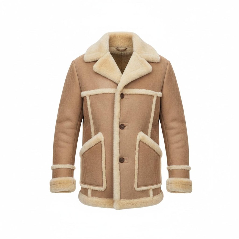 May include: A tan shearling coat with a cream-colored shearling lining and trim. The coat features a classic design with a notched collar, button closure, and two front pockets. The cuffs and collar are lined with cream-colored shearling.
