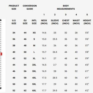 May include: A body measurements guide with a male figure and a table detailing sizes in inches for neck, sleeve, chest, waist, and height. Includes U.S., EU, and international sizes.