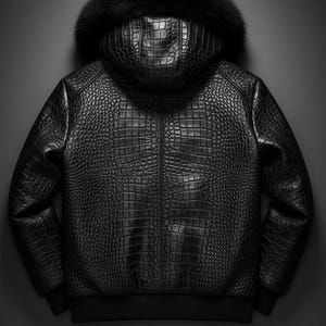 May include: Black leather jacket with a hood trimmed with black fur. The jacket has a textured, crocodile-like pattern. The jacket has a zipper closure and ribbed cuffs and hem. The jacket is a bomber style.