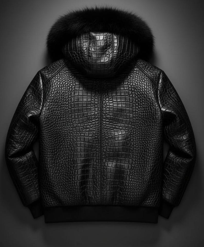 May include: Black leather jacket with a hood trimmed with black fur. The jacket has a textured, crocodile-like pattern. The jacket has a zipper closure and ribbed cuffs and hem. The jacket is a bomber style.