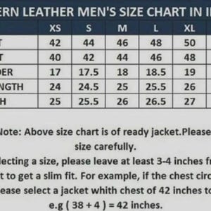 May include: A size chart for western leather jackets, displaying chest, waist, shoulder, sleeve length, and length measurements in inches. Sizes range from XS to XXXL. Includes a note about selecting the correct size for a slim fit.