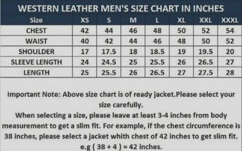 May include: A size chart for western leather jackets, displaying chest, waist, shoulder, sleeve length, and length measurements in inches. Sizes range from XS to XXXL. Includes a note about selecting the correct size for a slim fit.