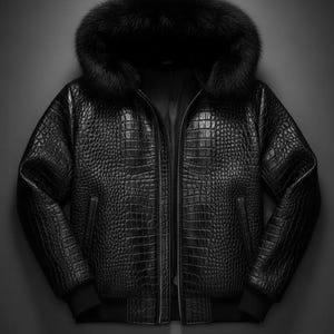 May include: Black leather jacket with a crocodile skin texture, a fur-lined hood, and a zipper closure. The jacket has a bomber-style design with ribbed cuffs and hem. A stylish outerwear piece.