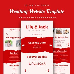 Puede incluir: Una plantilla de sitio web de boda en rojo y blanco, con los nombres "Lily & Jack" y "Save the Date". El diseño incluye secciones para RSVP, horario y detalles, con un temporizador de cuenta regresiva y texto editable de Canva.