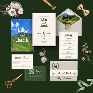 May include: A wedding stationery set in green and cream. The design includes invitations, RSVP cards, and details cards. The text reads "Lilly and Jack". Decorative elements include flowers, a bow tie, and a pair of scissors.
