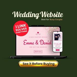 Może przedstawiać: Laptop i smartfon wyświetlają projekt strony internetowej ślubnej. Strona internetowa zawiera imiona "Emma & Daniel" oraz tekst "ARE GETTING MARRIED". Projekt zawiera czerwone koło z tekstem "1 LINK SOLVES EVERYTHING".