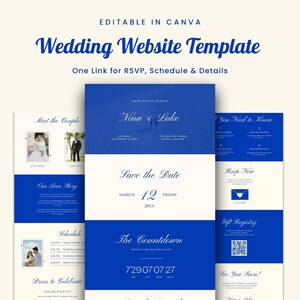 Puede incluir: Una plantilla de sitio web de bodas en azul y blanco. El diseño incluye secciones para la información de la pareja, RSVP, horario y registro de regalos. El texto incluye "Wedding Website Template" y "Save the Date."