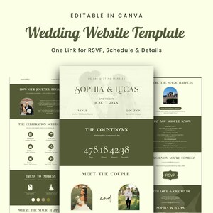 Puede incluir: Una plantilla de sitio web de bodas en una combinación de colores verde suave y crema. El diseño incluye secciones para RSVP, horario y detalles. La plantilla presenta los nombres "Sophia & Lucas" y la fecha "7 de junio de 20XX".