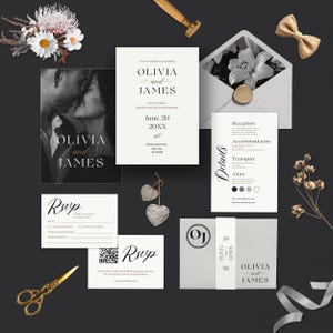 May include: A wedding stationery set in monochrome tones. The set includes invitations, RSVP cards, and information cards. The invitations display the names "Olivia and James" and the wedding date. Embellishments include flowers, a bow tie, and a wax seal.