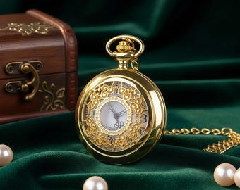Gold-Tone Pocket Watch Necklace – White Dial Quartz Pendant with Chain, Unisex Gift