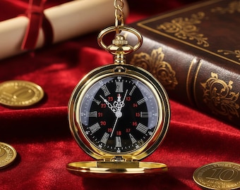 Gold-Tone Quartz Pocket Watch Pendant – Black Dial with Roman Numerals, Unisex