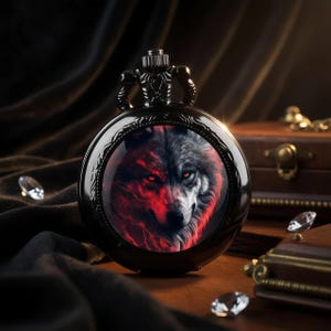 Wolf Design Pocket Watch Pendant – Black Quartz Necklace Watch, Unisex Gift