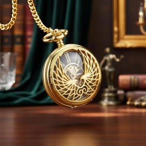 May include: A gold-colored pocket watch with an intricate openwork design featuring a bird motif. The watch has a chain and a clear face, revealing the inner workings. The background includes books and a dark green curtain.