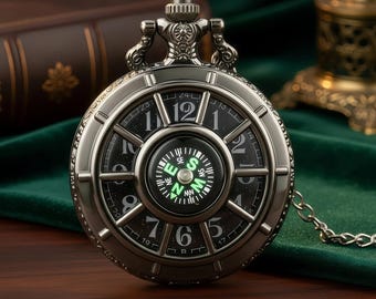 Zwarte kompas zakhorlogeketting – quartz uurwerk met ketting en ketting