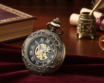 Luxury-Style Skeleton Pocket Watch – Gold-Tone Mechanical Timepiece with Chain