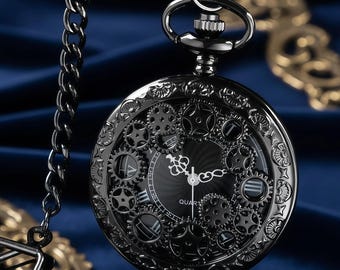 Steampunk Gear Pocket Watch Necklace – Black Hollow Design Quartz Pendant with Chain