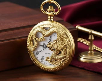 Gold Dragon Pocket Watch Necklace, Quartz Movement, Costume Jewelry