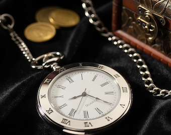 Vintage-Style Pocket Watch Necklace, Quartz Pendant on Chain, Round Case