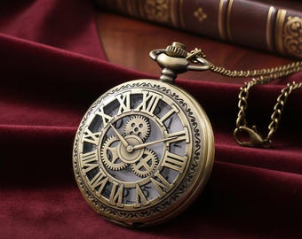 Vintage-Style Steampunk Pocket Watch Necklace – Bronze Tone Quartz Pendant, Roman Numerals