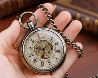 Open Face Automatic Pocket Watch – Bronze Tone Roman Numeral Dial, Self-Winding