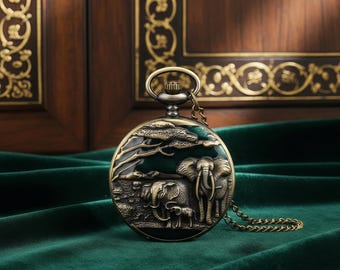 Elephant Engraved Pocket Watch Necklace, Vintage-Style Bronze Quartz Pendant